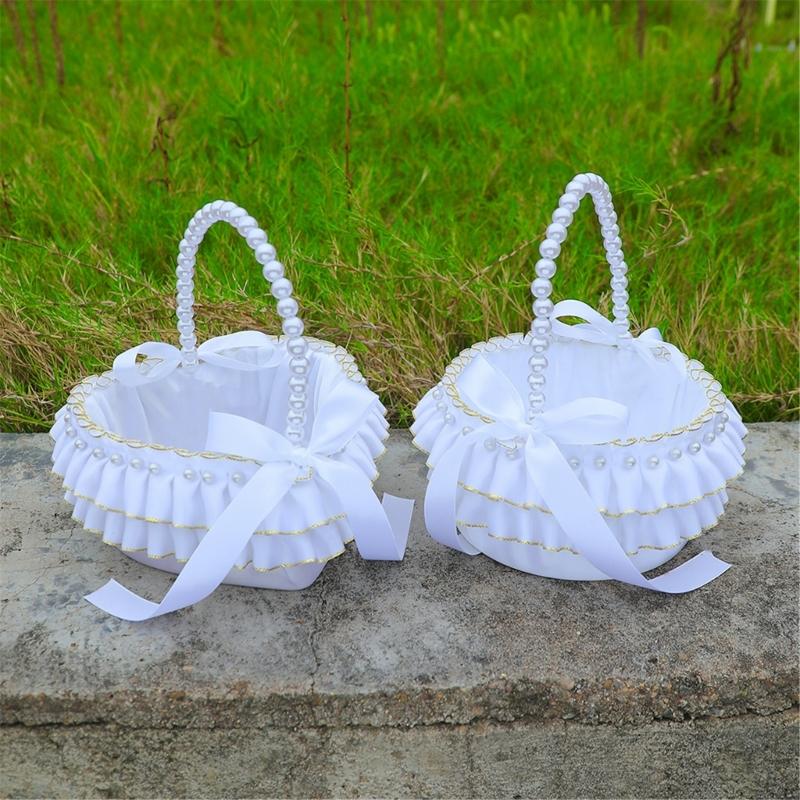 Decorative Pearls Embellished Storage Basket With Golden Edges for Wedding Reception Party Decorations