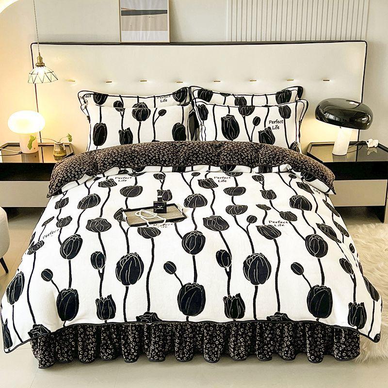 Winter thickened milk velvet four-piece set warm coral velvet double-sided velvet quilt cover bed sheet plus velvet bed skirt bedding