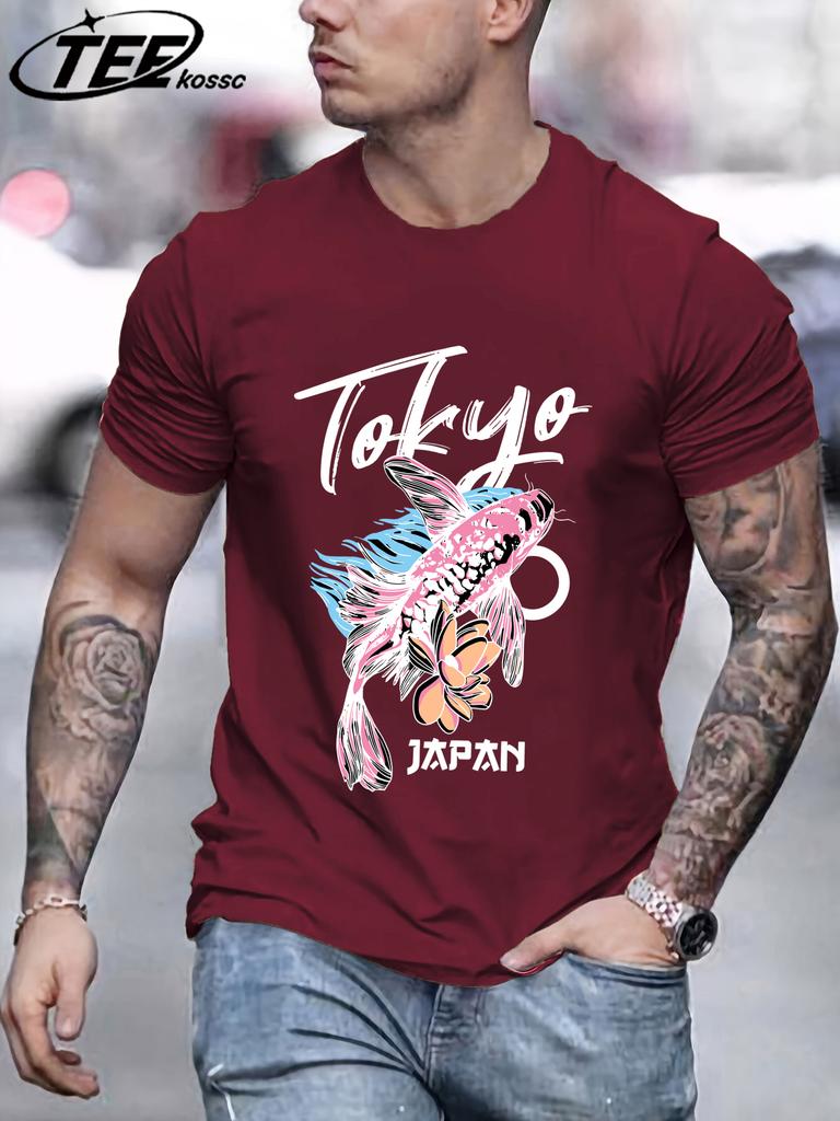 Tokyo Japan Flower Koi Print Men T Shirts Hip Hop AllMatch Short Sleeve Cotton Summer Clothes Casual Oversize Trendy Sportswear