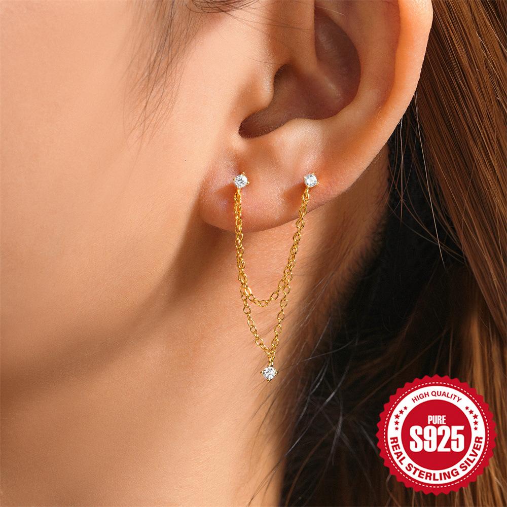 Stilvolle und schlichte S925 Sterlingsilber herzförmige Liebes-Diamant-besetzte Ketten-Quastenohrringe, Ohrstecker, Ohrlinie Damen