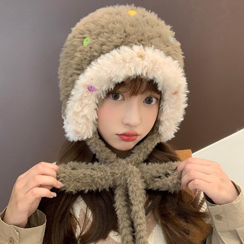Versatile Button Plush Female Tide Thickened Warm Cute Face Small Wool Hat Knitted Hat