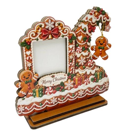 Wooden Craft Decor Christmas Photo Frame, 2D Picture Holder with Santa Snowman & Decorative Snowflake Pendant, Family Display Frame for Home