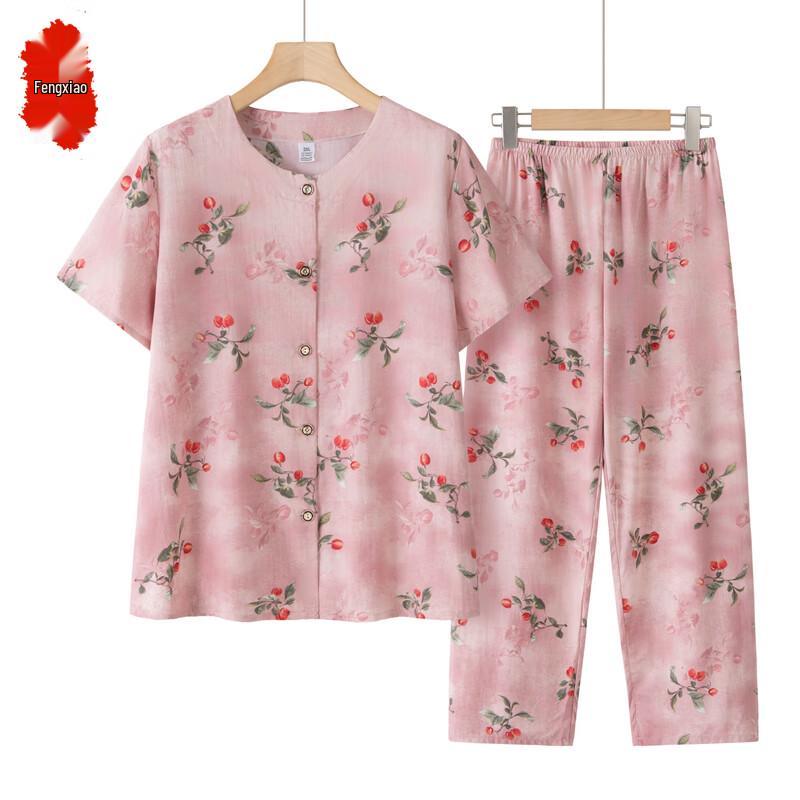 Elderly Women's Summer Cotton Short-Sleeve Two-Piece Set