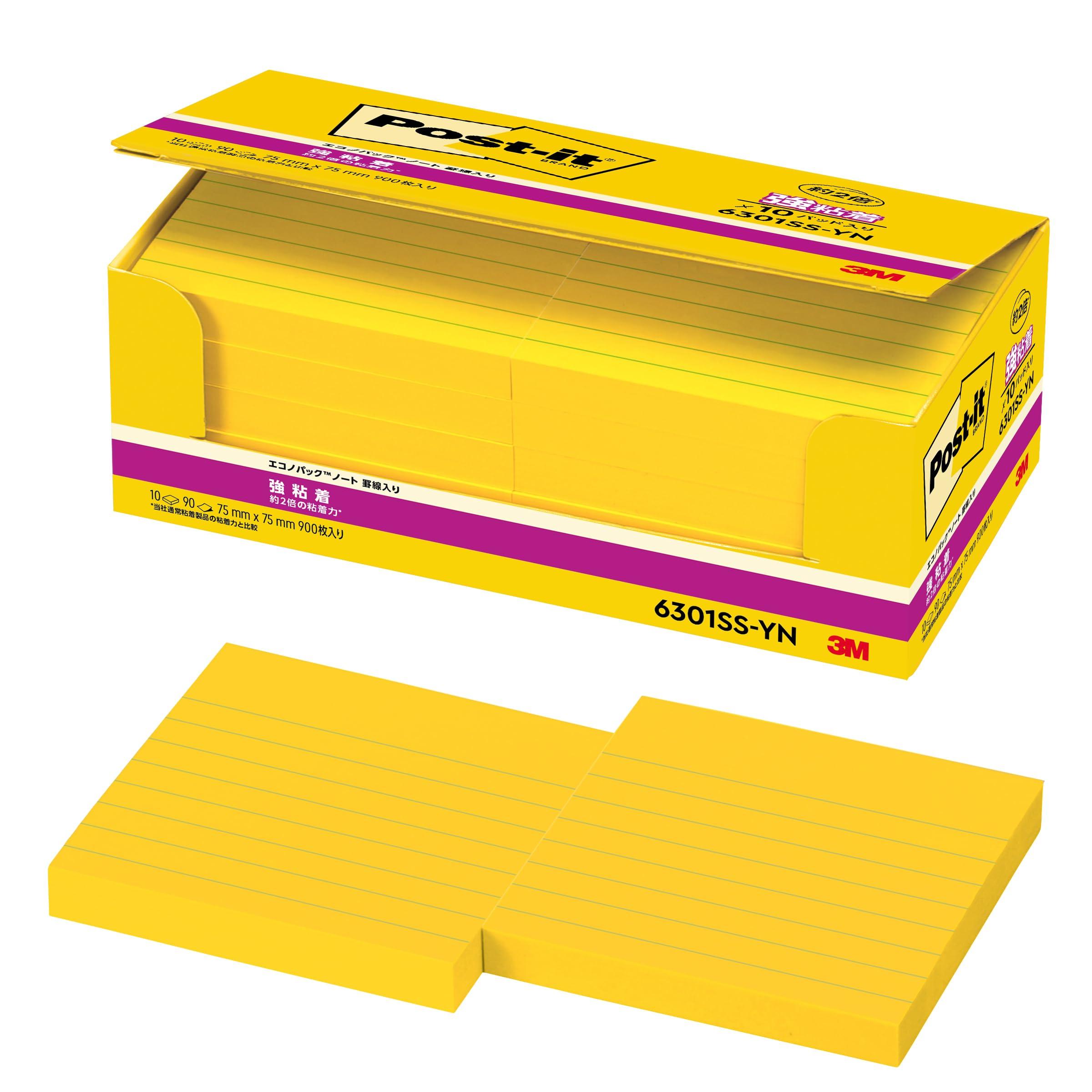 3M Клейкие Супер Прочные 75 x 75 90 листов x 10 Стикеры Post-it, Клейкие, Большие, В линейку, Желтые, мм, блоки, 6301SS-YN