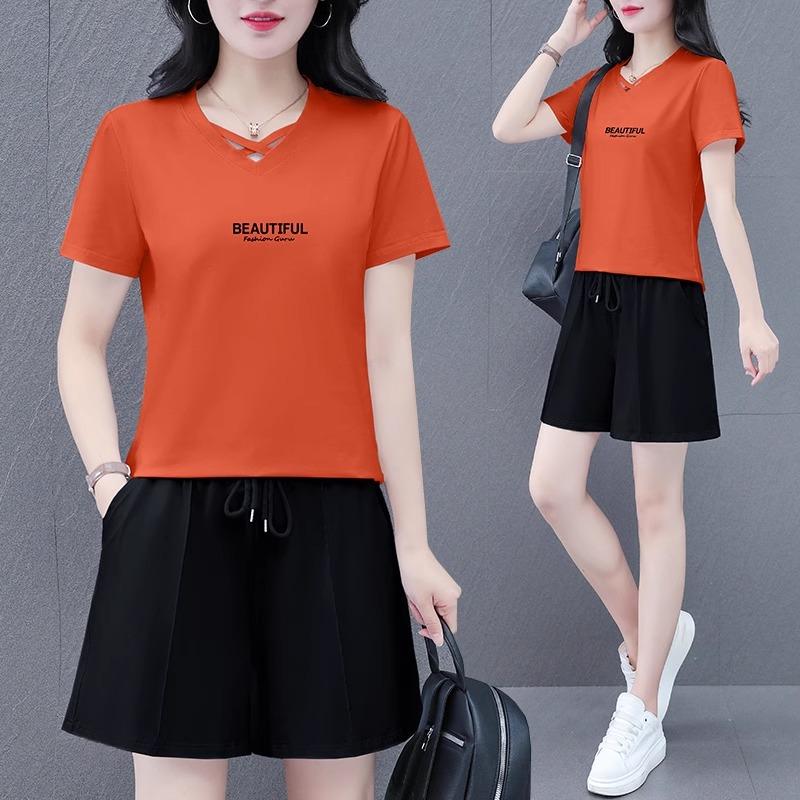 Women's Crew Neck Short Sleeve Letter Print Loose Fit Cotton Tracksuit Short Sleeve Top Elastic Waist Short Pants