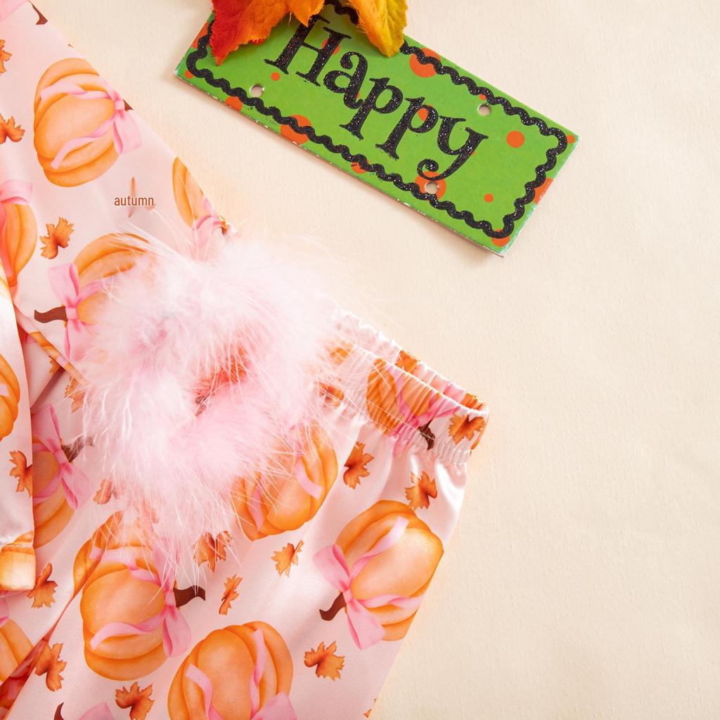 2025 Furry Halloween Pajama Set with Bowknot & Pumpkin Print - Two-Piece Turn-Down Collar Homewear