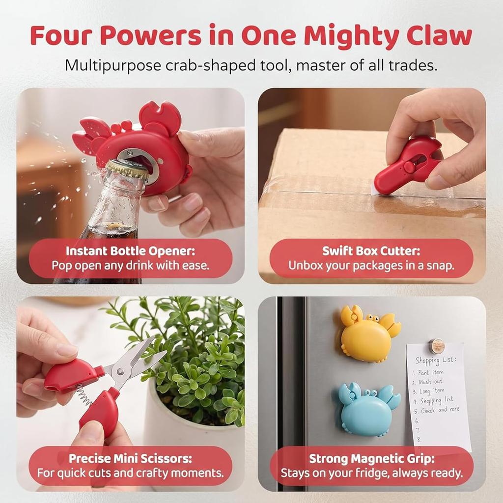 Crab Multifunctional Bottle Opener, 4-in-1 Magnetic Refrigerator Magnet with Scissors, Box Cutter&Bottle Opener, Cute Crab Magnetic Beer Bottle Opener