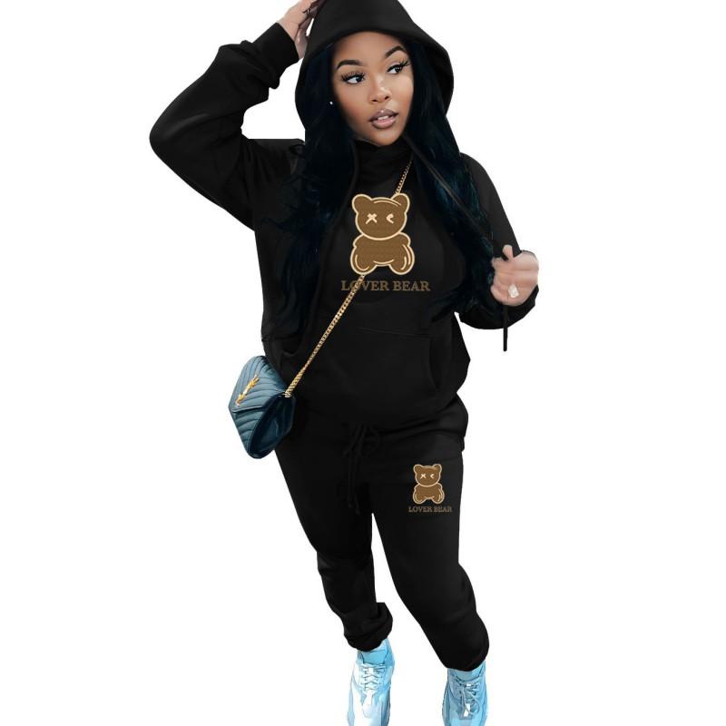 Womens Comfortable Hooded Sweatshirt Jogger Pants Set With Bear Print Color-Block Design Streetwear