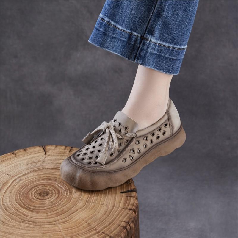 Johnature Retro Hollow-out Breathable Genuine Leather Shoes With Soft Soled Women's Slip-on Shoes