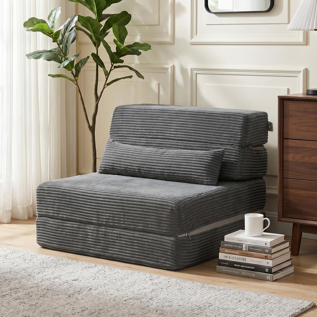 Floor Chair with Back Support, Corduroy Boneless Cloud Foldable Sleeper Sofa with Thick Padding, Dark Grey