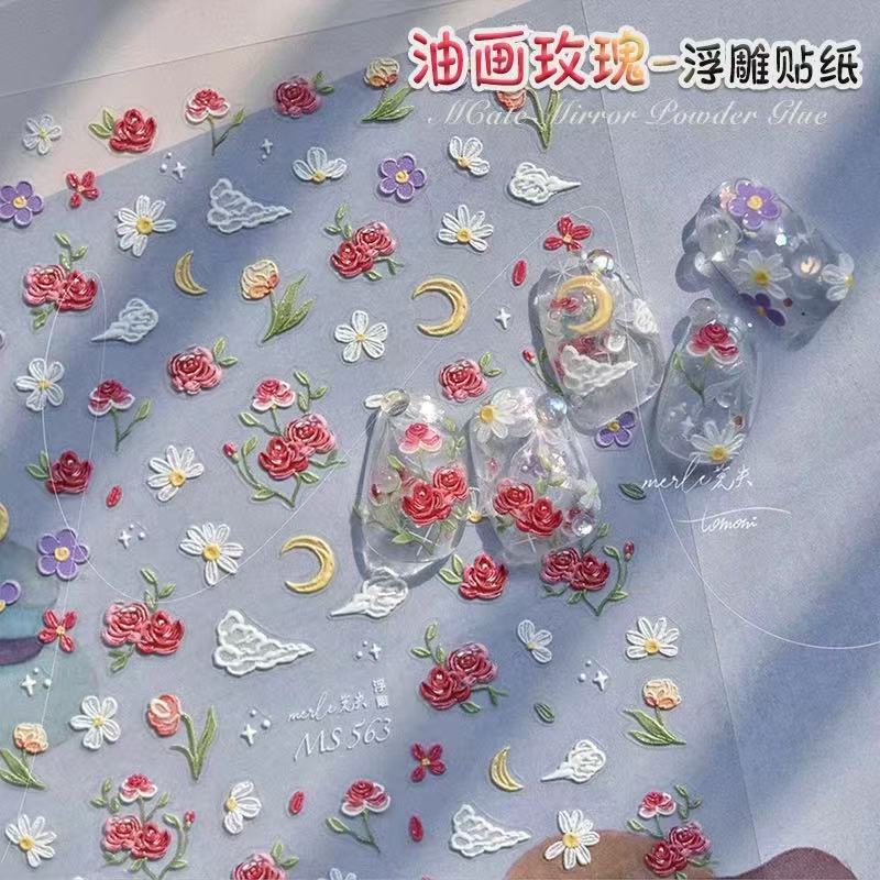 

Масляная живопись Роза Маникюрная наклейка Расписанные вручную Маленькие свежие цветы Тюльпан Трехмерный рельеф Жемчужная аппликация для ногтей Украшение T136-Monet s Garden