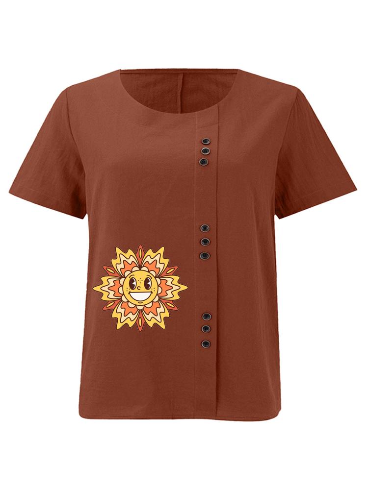 Women's Fashion Sunflower Print Casual Cotton Linen Short Sleeve Round Neck T-shirt Shirt Leisure Loose Summer Blouse Tops