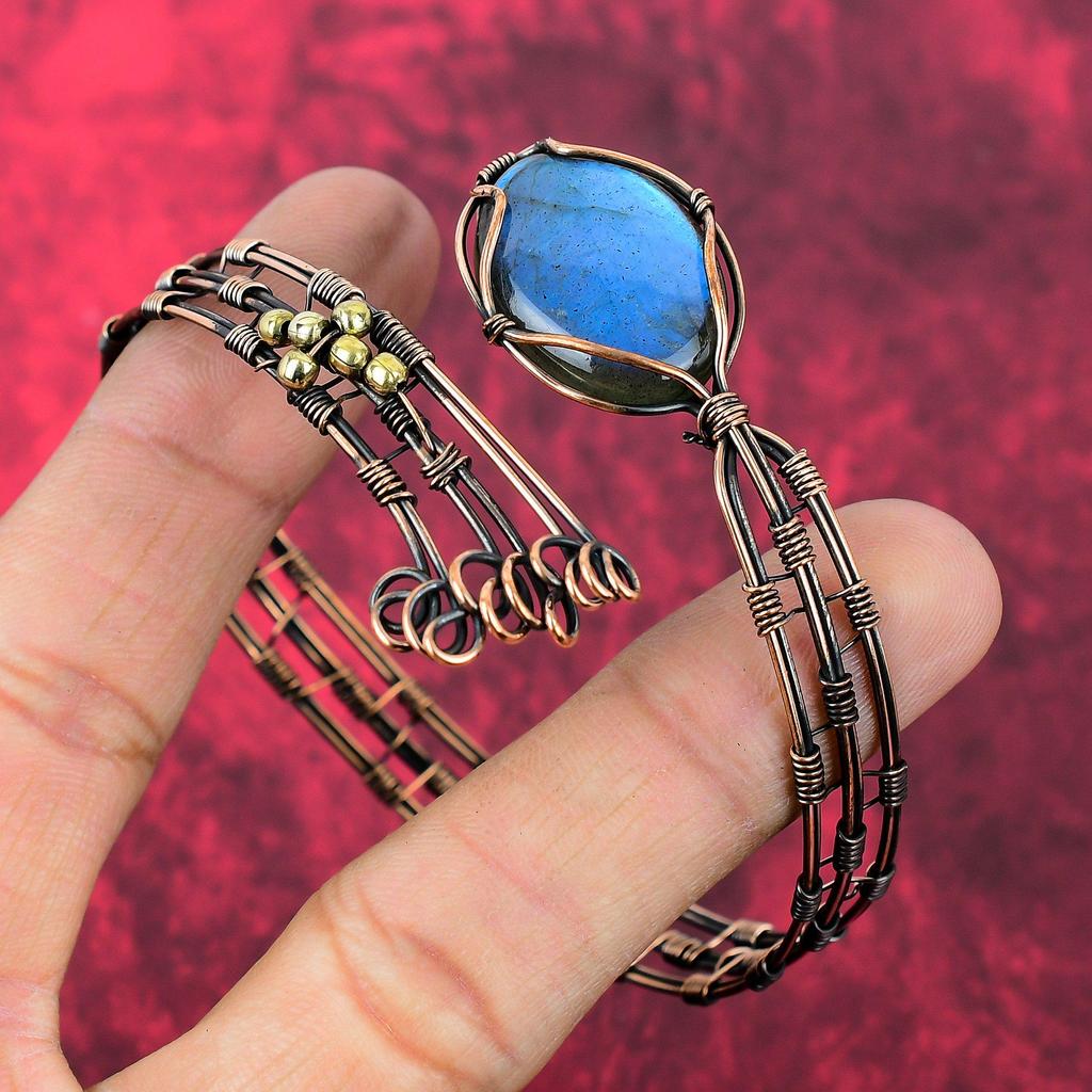 Labradorite Bangle Copper Wire Wrapped Cuff Bracelet Adjustable Cuff Copper Jewelry Handmade Bangle Original Gemstone Jewelry Gifts For Him