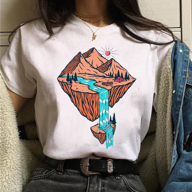 Maycaur Women Graphic Forest Mountain T Shirts Casual 90s Ulzzang Summer Printing Lady Clothes Tops Tees Print Female Tshirts
