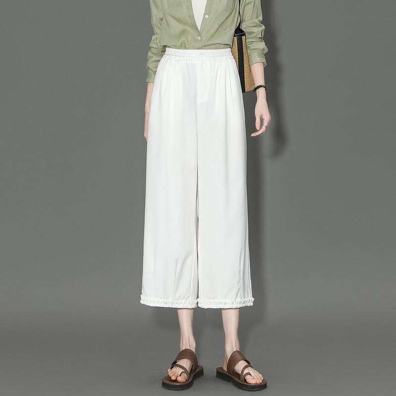 Women's Cropped Lace Trim Elastic Waist Casual Pants