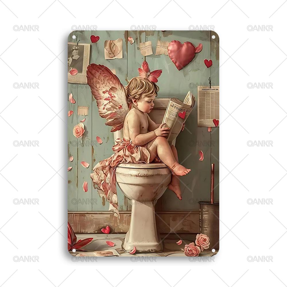 

Vintage Childrens Room Sweet Decor Poster Metal Tin Sign Angel Reading Book On Toilet Metal Signs for Man Cave Bedroom Decor 20x30cm（7.8x11.8inch）