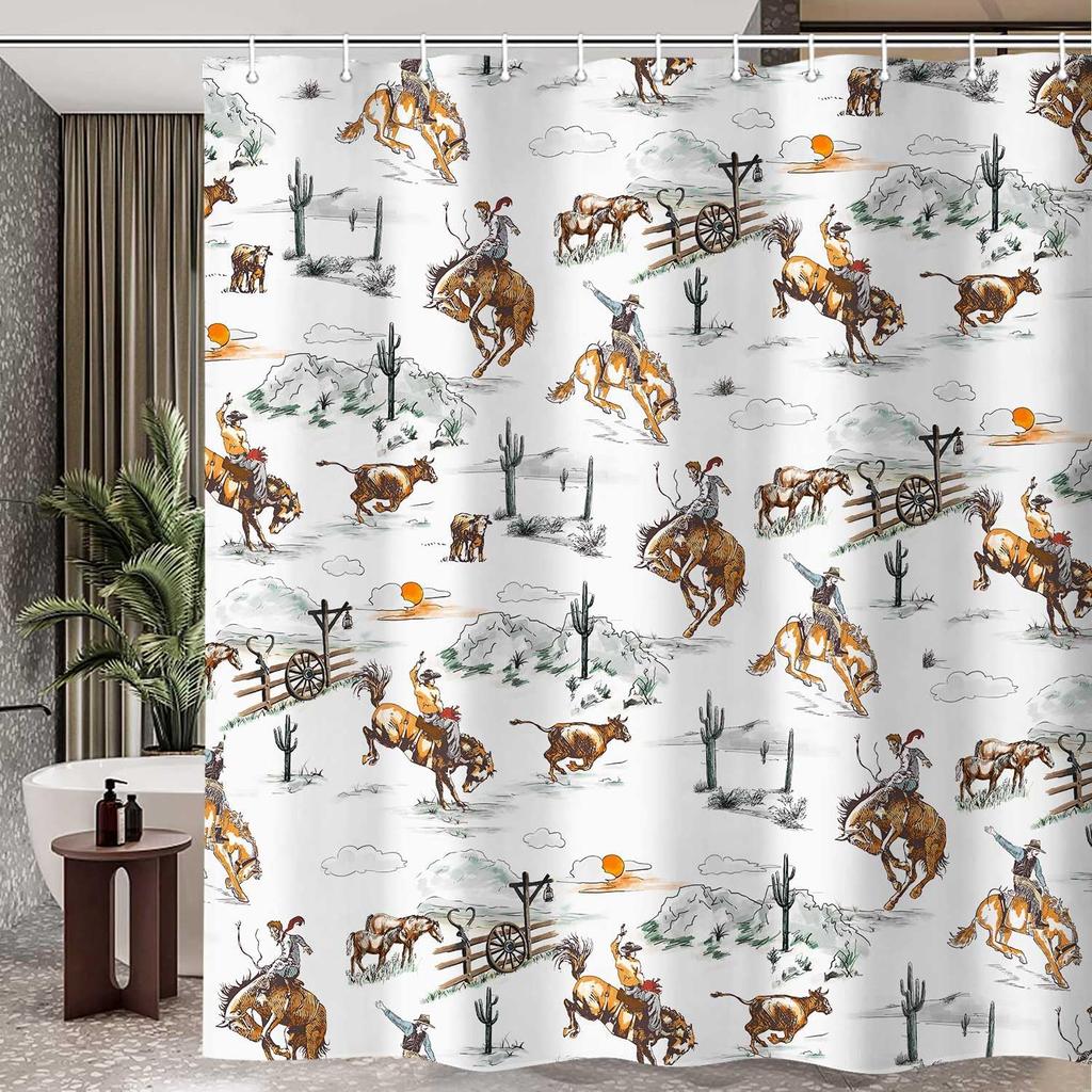 Western Cowboy Shower Curtain for Bathroom, Wild West Cowboy Ride Horse Cactus Bath Curtains, Farmhouse Country American West Th