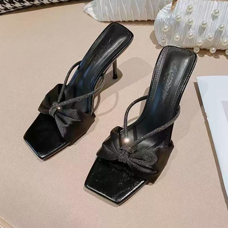 Fashion New Summer Square Bow Rhinestone High Heels Women's Thin Heel One-line Sandals and Slippers Women's Outward Wear Versatile