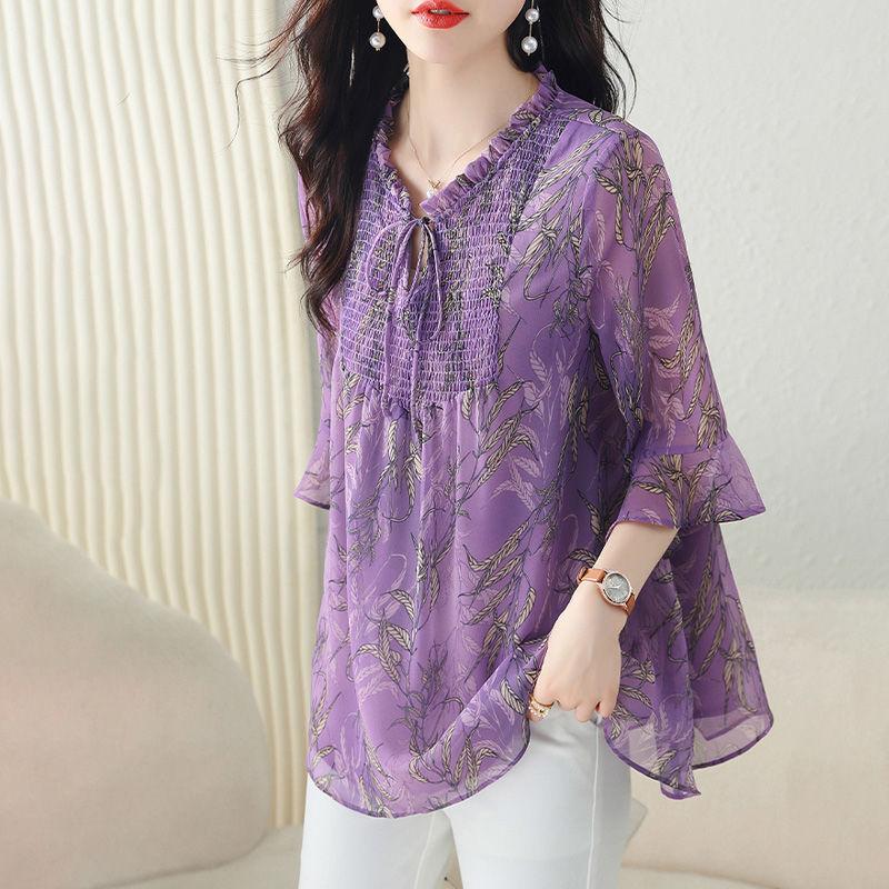 Damska letnia luźna bluzka szyfonowa z krótkim rękawem w dużym rozmiarze, top dla kobiet w średnim i starszym wieku, mała koszula