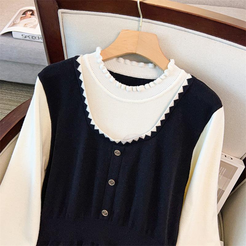 Plus Size Women Long Sleeve Round Neck A Line Midi Sweater Dress
