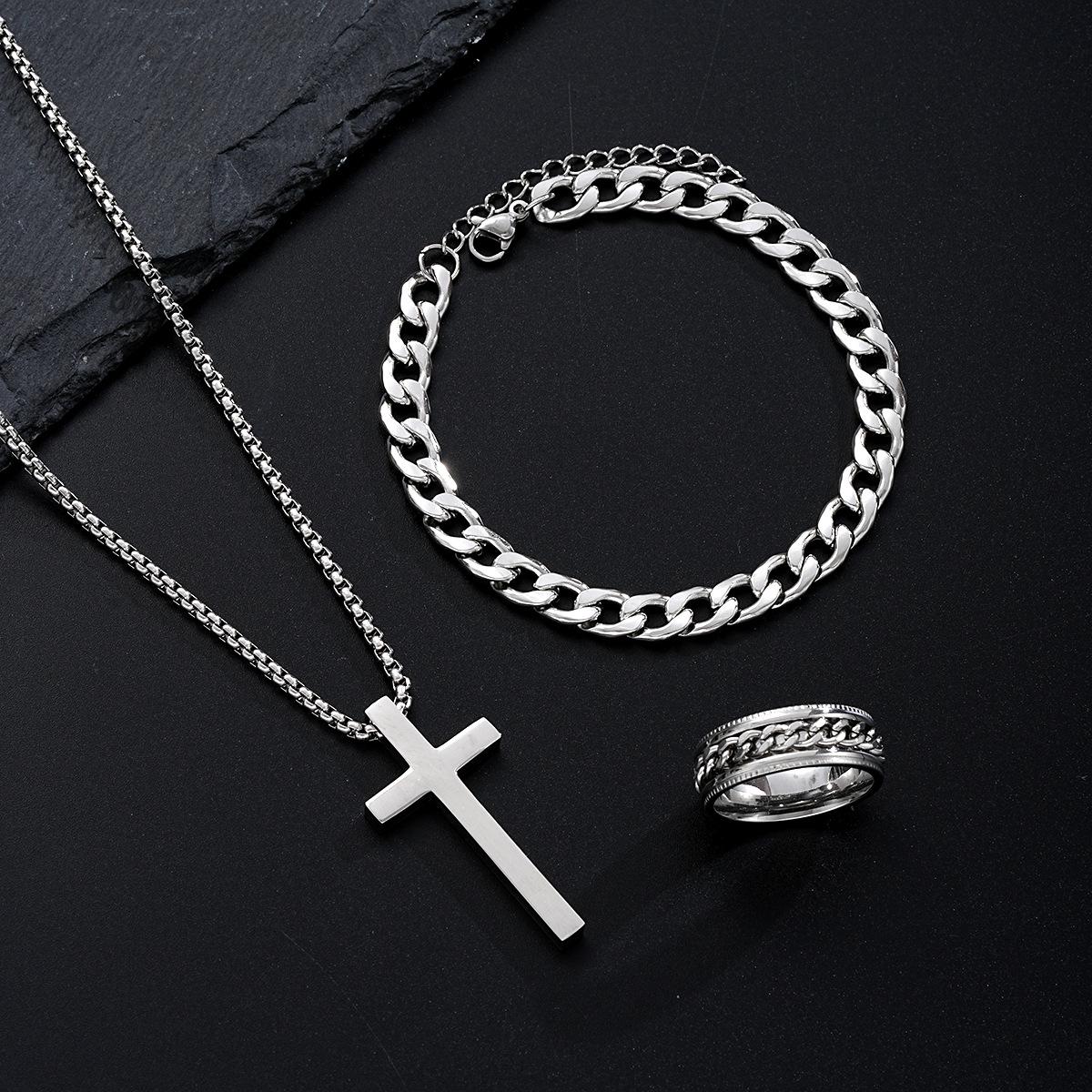 Trendy Hip Hop Stainless Steel Cross Jewelry Set: Ring, Bracelet, Necklace