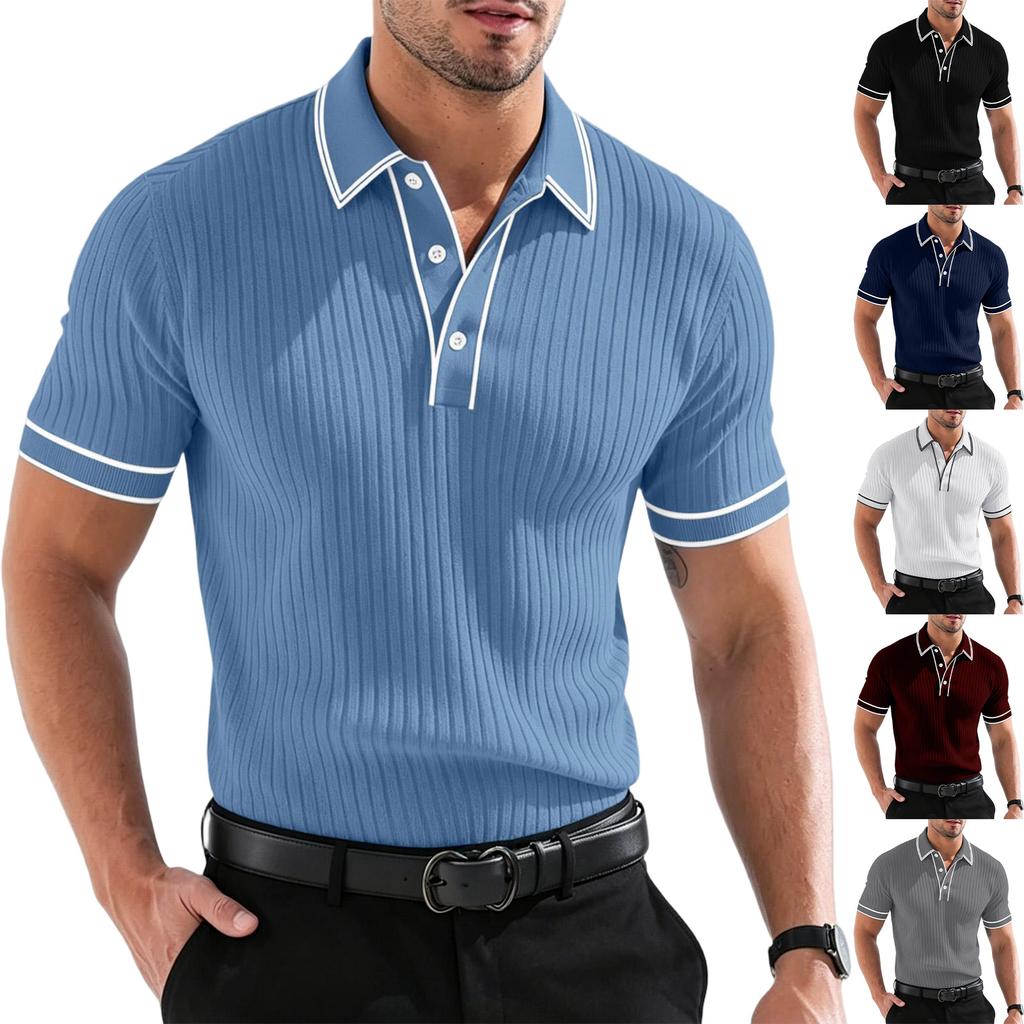 Men Short Sleeve Polo Shirt Trim Ribbed Knit Button Down Collared Casual Top for Summer Daily Wear Office