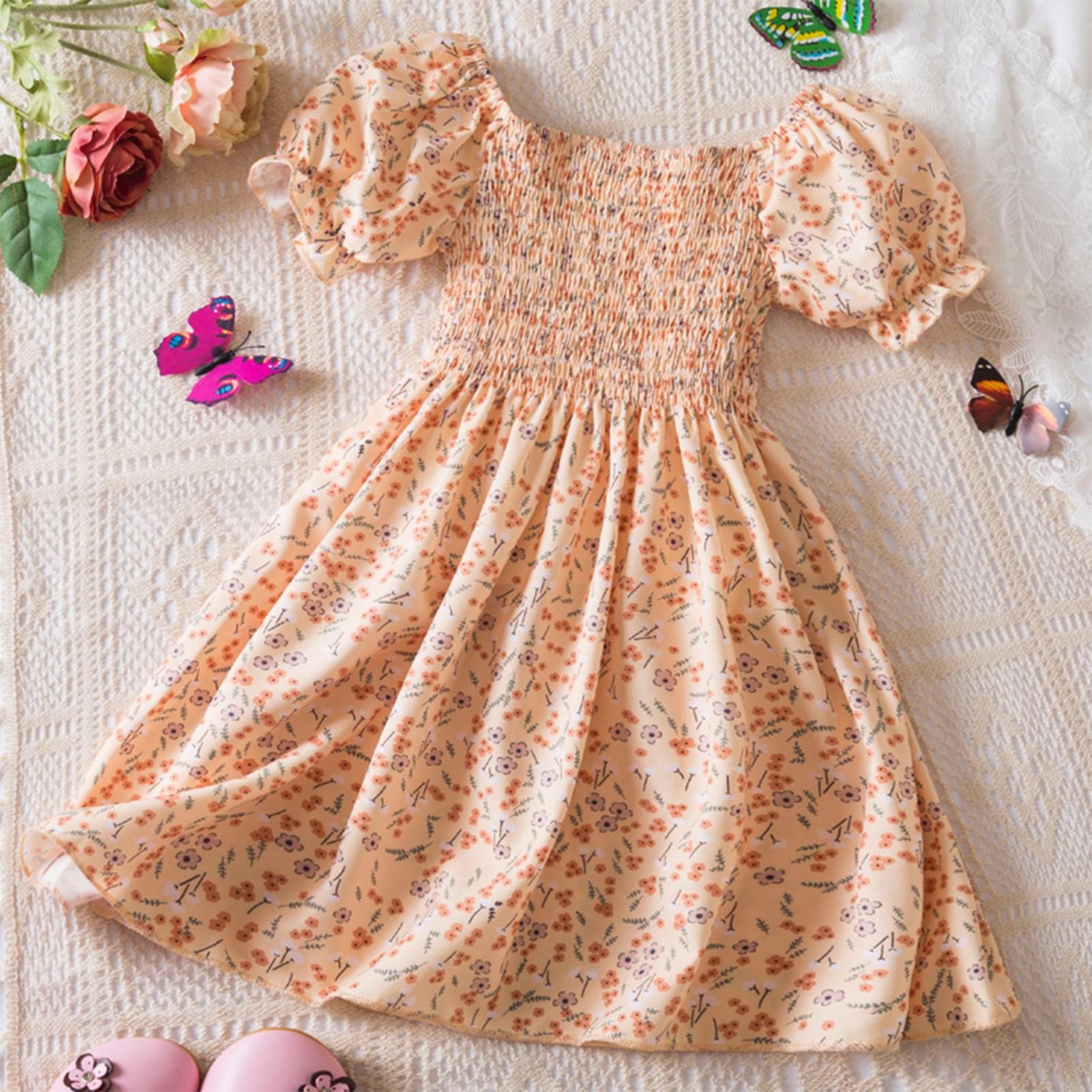 

Юбка с цветочным принтом для девочек Платье с коротким рукавом Детская одежда Повседневная детская юбка 2Y жёлтый