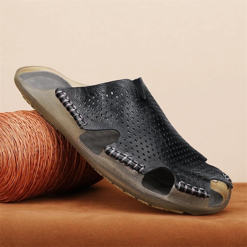 Fashion Quick Dry Men's Leather Slides Comfortable Male Slippers Anti-Slip Outdoor Half Drag Handmade Hollow Out Sandals Man Flip Flops