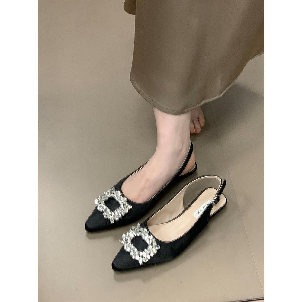 MUKEKe Square Buckle Rhinestone Wedge Heel Bag Head Sandals Women's 2025 Summer New Temperament Not Tired Feet Low Heel Single Shoes