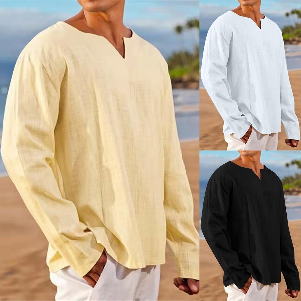 Men's Loose Casual Solid Color Long Sleeve Cotton Comfortable Soft V-Neck Top