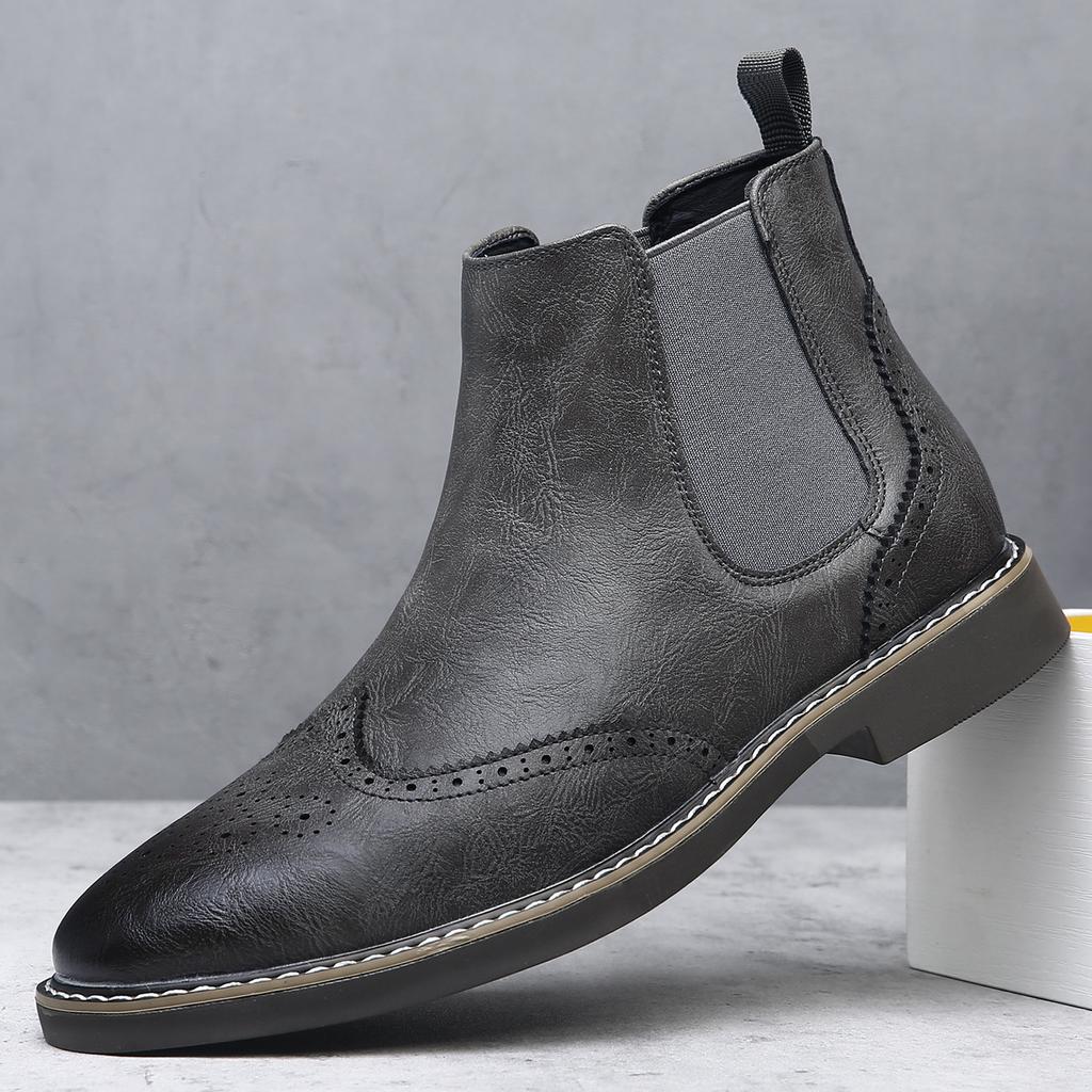 Chelsea Boots Men's British Style Carved Short Boots Soft Leather Retro High-top Men's Leather Boots Autumn and Winter Velvet Martin Boots