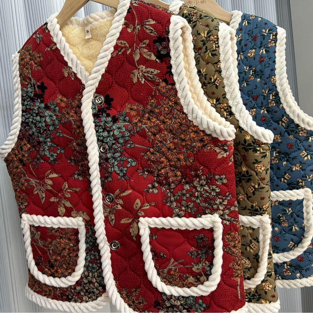 2025 Women's Autumn Winter Elderly Mother's Collarless Cardigan Vest - Versatile Shawl Jacket for Grandma