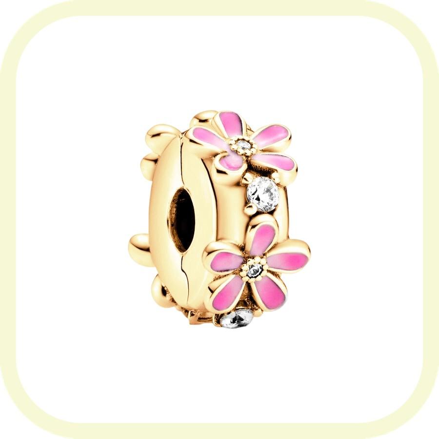 New Golden Flowers Collection Charm Bead Lucky Shamrock Rose in Bloom Daisy Flower Safety Chain Compatible With Authentic Bracelets Do It Yourself Jew