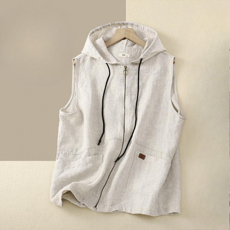 Women's Hooded Sleeveless Loose Casual Summer Cotton Linen Vest Waistcoat Jacket