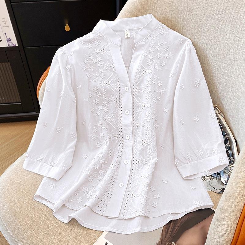 2025 summer new stand-up collar five-quarter sleeve embroidered cotton and linen shirt women's fresh loose and thin cardigan top