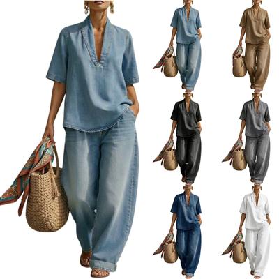 Women's Vintage Washed Denim Set Loose Fit Short Sleeve Top and Wide Leg Pants Casual Two Piece Outfit for Everyday Wear