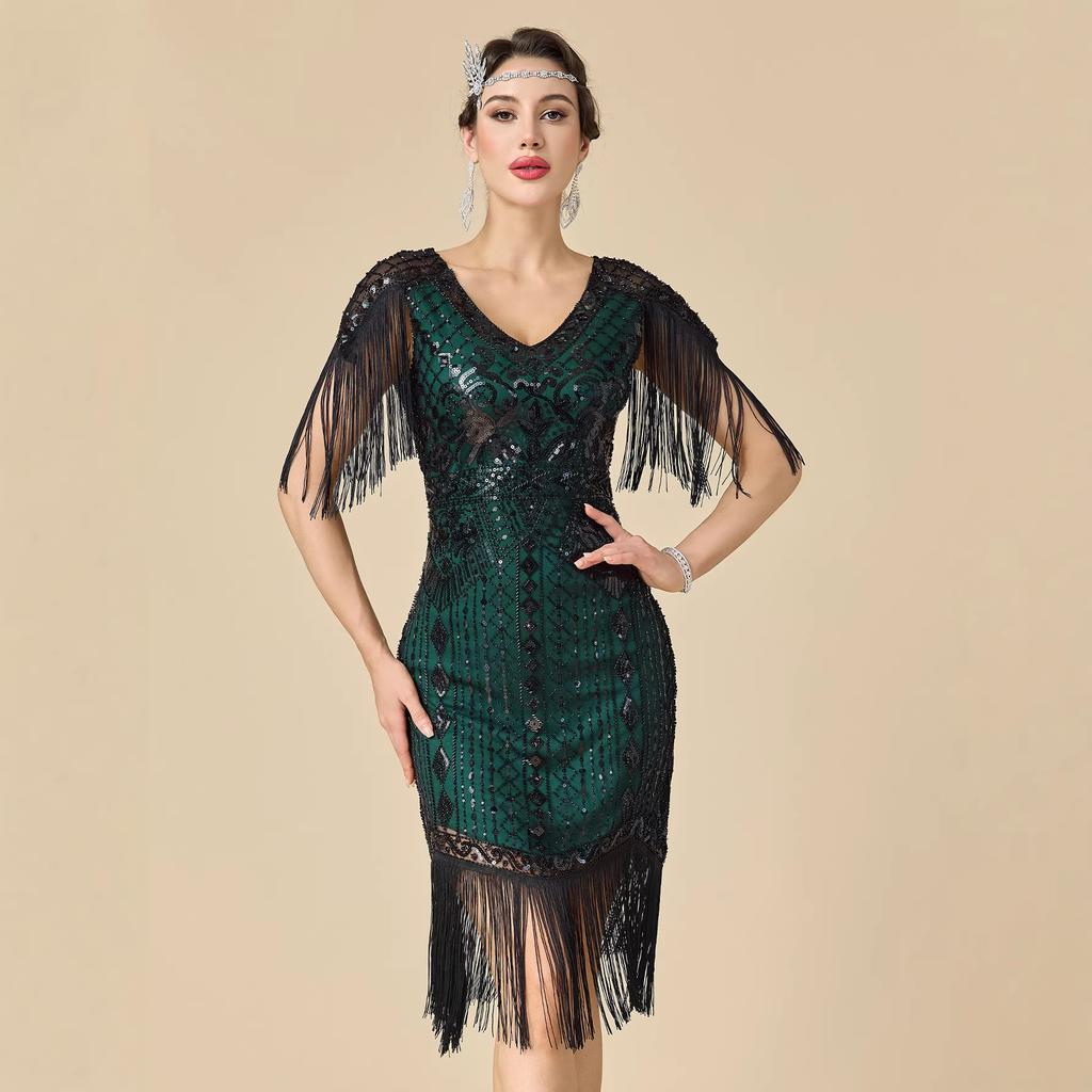 Women's Plus Size 1920s Gatsby Flapper Dress, Sequin Beaded Short Sleeve Fringe Evening Gown For Party & Pr