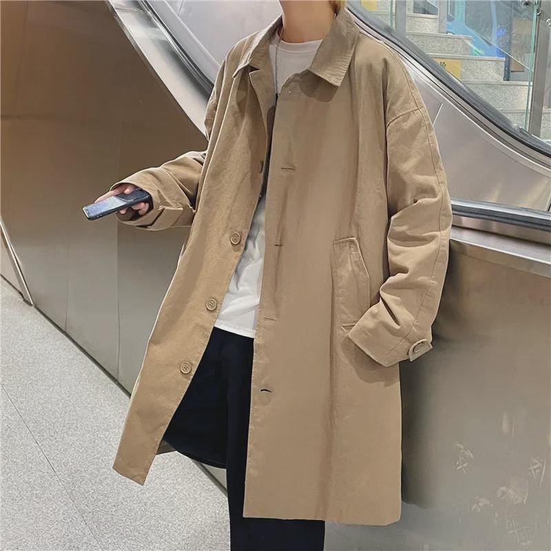 Herbstlicher Trenchcoat in japanischem Stil, mittellang, einfarbig, von Hongkong inspiriert, lockere koreanische Freizeitjacke für Herren