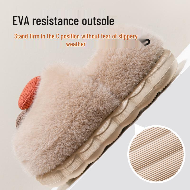 Women's Winter Warm Plush Mushroom Slippers - Cute, Thick Bottom, Furry Baotou Cotton for Couples