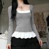 European Faux Two-Piece Lace Long-Sleeve T-Shirt, Slimming & Flattering Autumn Top for Women