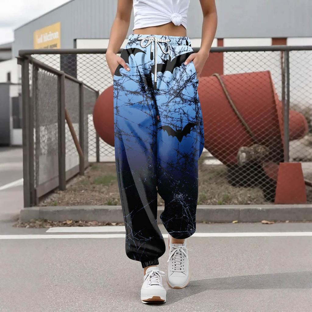 Pantalon de survêtement décontracté à imprimé Halloween pour femme, pantalon de loisirs, taille élastique avec cordon de serrage, pantalon à cordon de serrage