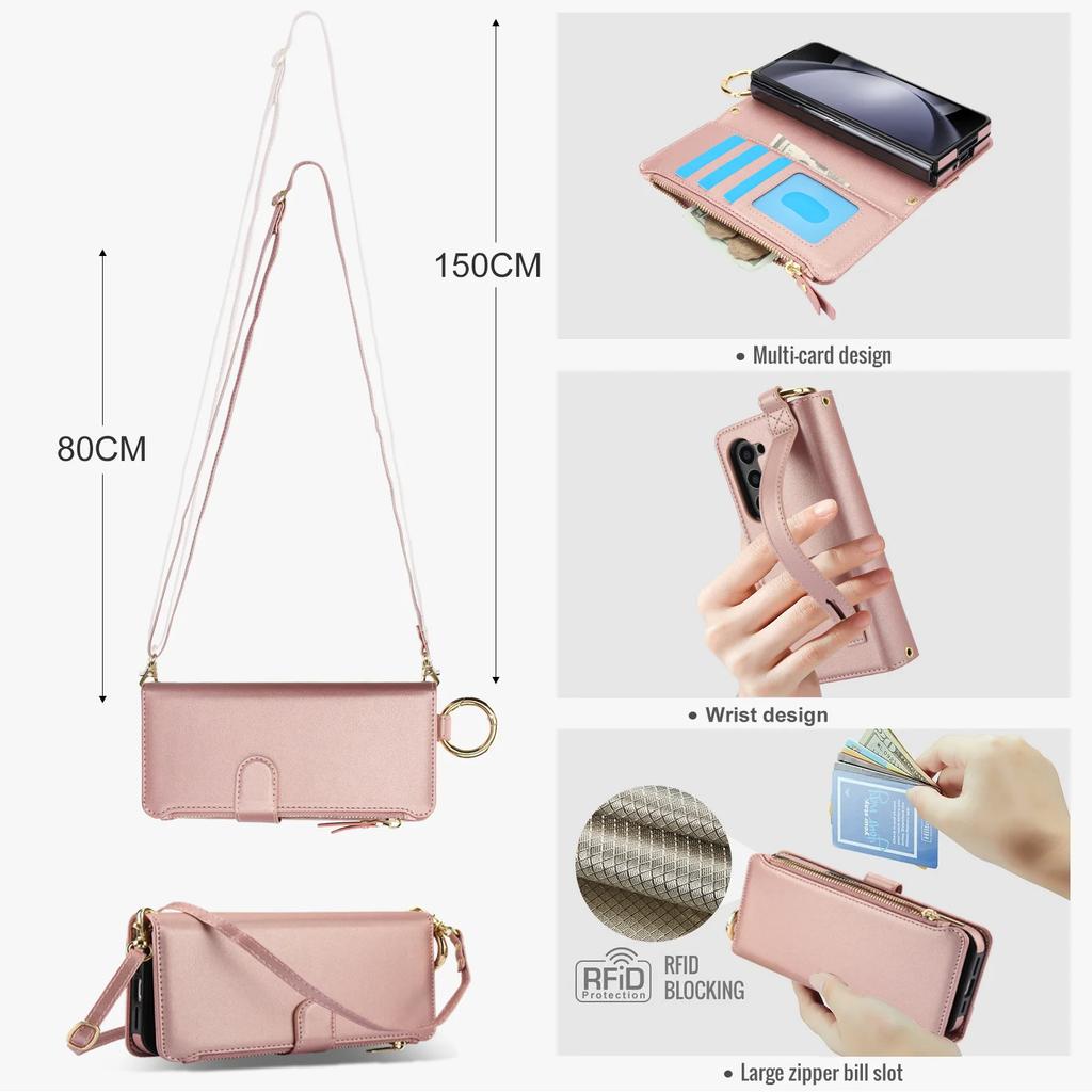 Crossbody Leather Phone Case with Card Holder Zipper Wallet Wristband for Samsung Galaxy Z Fold 7 6 5 4 3 Kickstand Cover