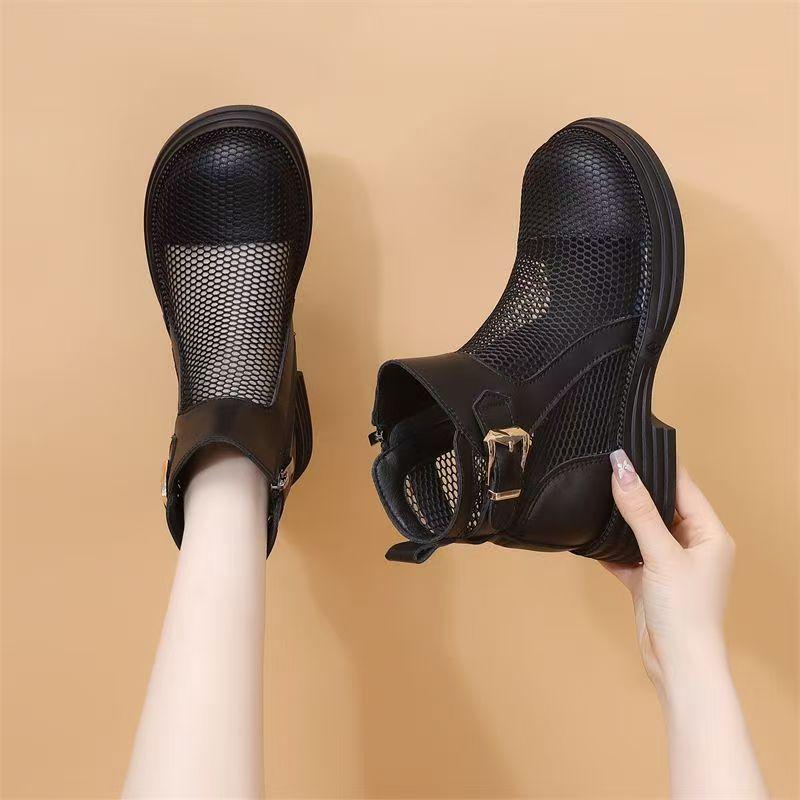 Damen Stiefeletten mit niedrigem Absatz, große Größen, Leder-Netz-Kombination, Frühling/Sommer, dicke Sohle, rutschfest, runde Spitze, leicht, atmungsaktiv, coole Stiefel