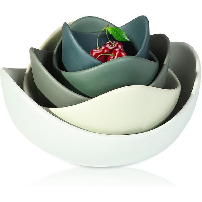 Notakia Salad Decorative Bowls Lotus Shaped Pasta Bowls Dishwasher & Microwave Safe, Unique Angled Ceramic Bowls for Salad, Pasta, Soup, Rice, Prep, Green bowls
