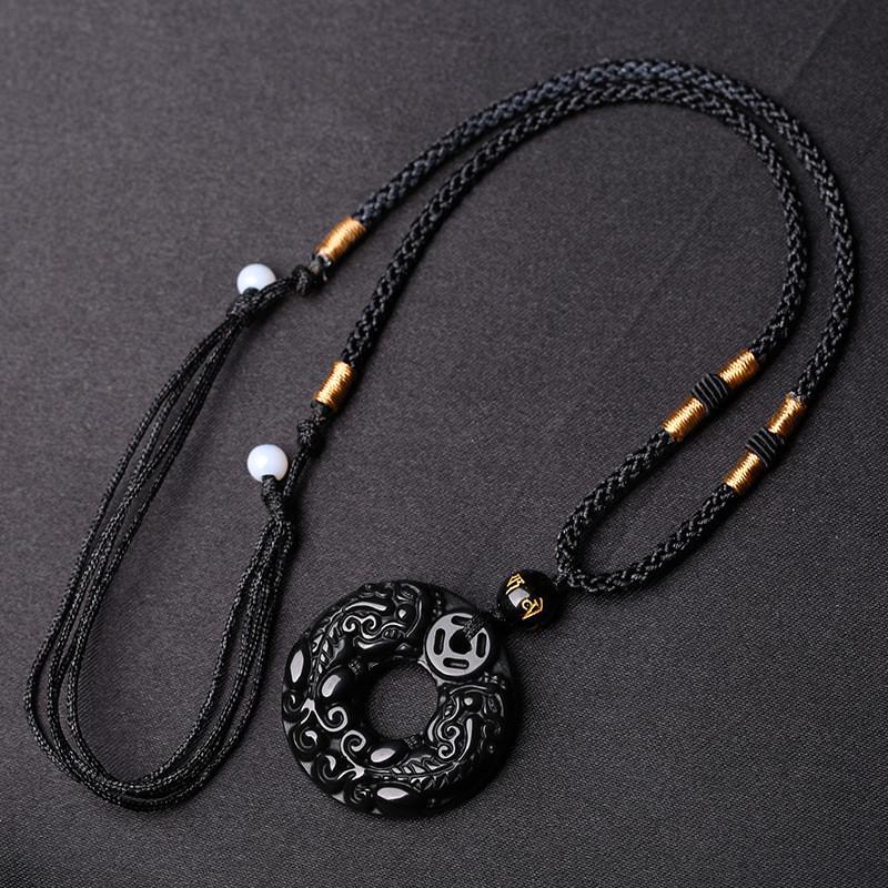 Black Obsidian Pixiu Lucky Amulet Natural Stone Pendant Necklace Women Men Peace Buckle Crystal Jewelry