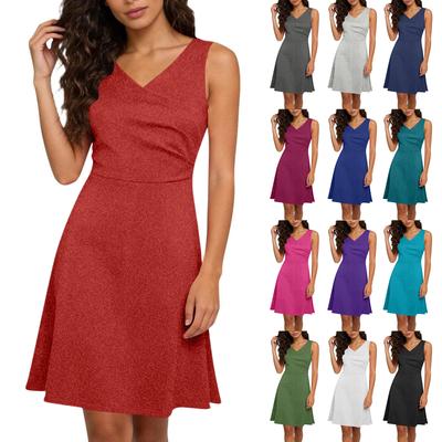 Vestido Elegante Feminino Sem Mangas Cruzado Decote V Linha A