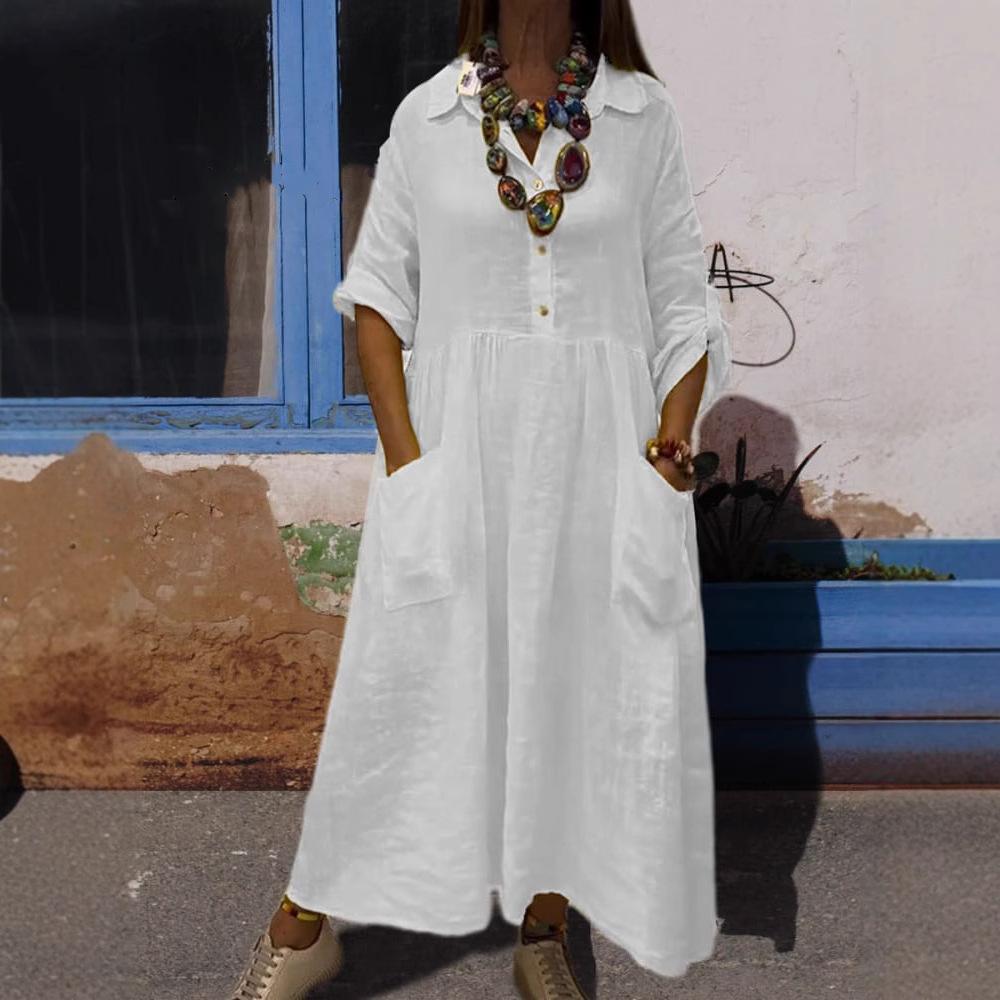 New Women's Loose Solid Color Vacation Casual Button Artistic Style Fashionable Dress