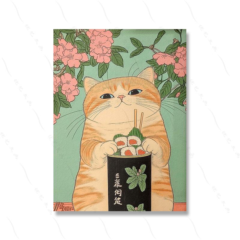 Japanese Black Cat Eating Sushi Frog Ramen Art Print Wall Decor Kitchen Dining Poster Aesthetic Unique Cat Lover Gift Poster