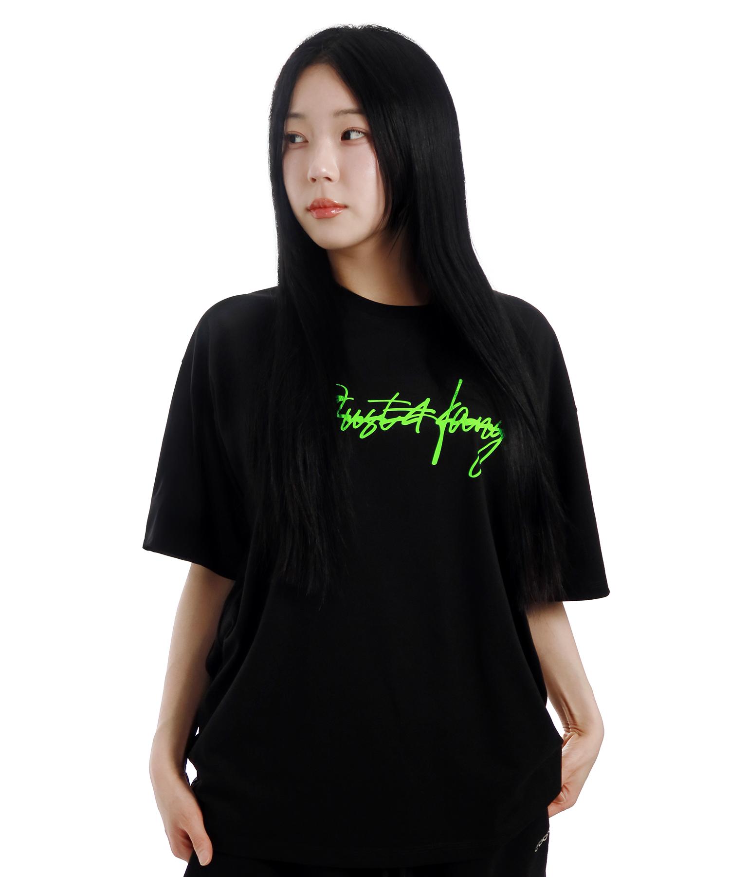 Just Haeng Neon Green Big Logo Black Oversized Short Sleeve T-Shirt Black/M