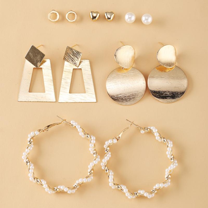 

6 Pairs Of Men And Women Earrings Alloy Creative Metal Geometric Pearl Ring Earrings Set золотистий
